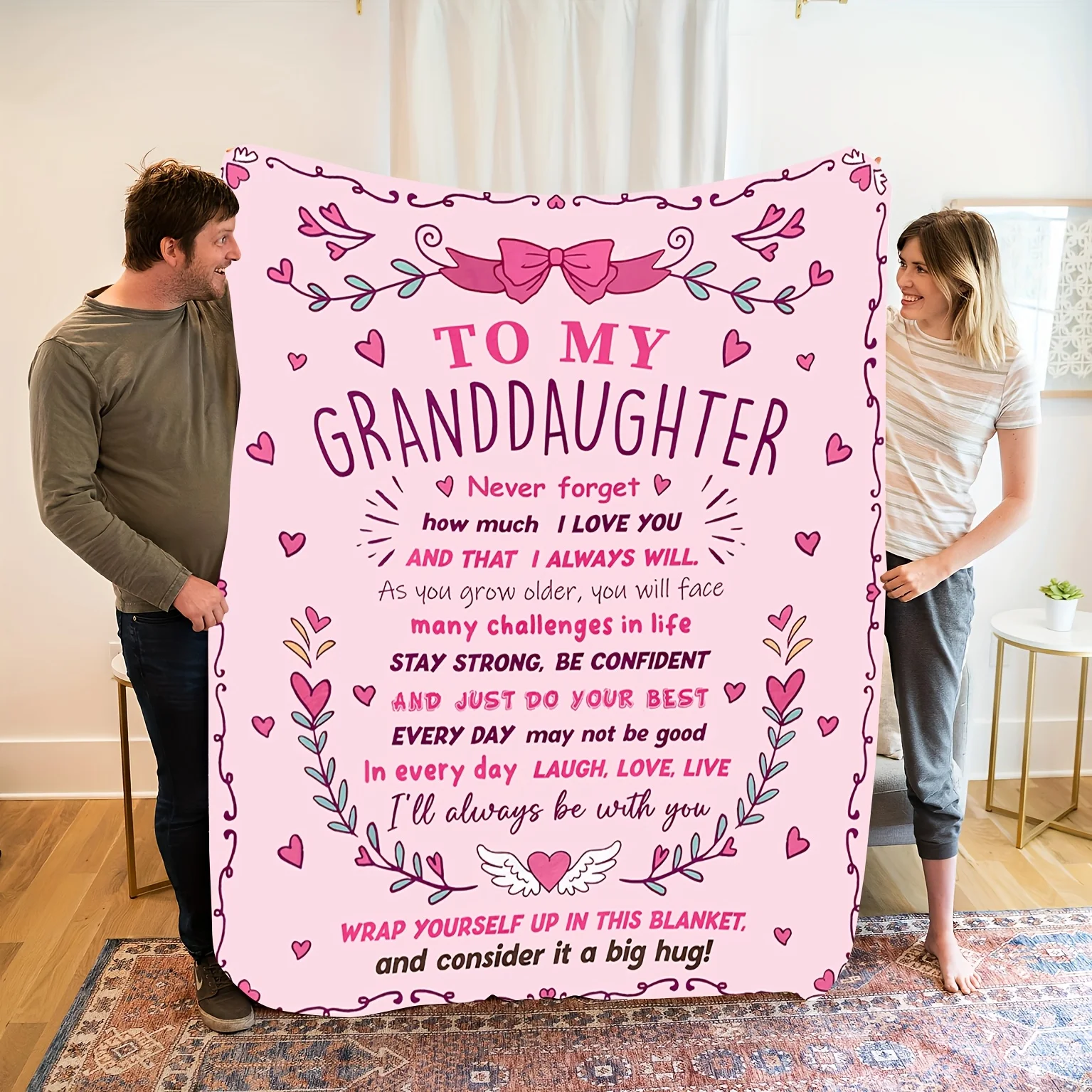 Granddaughter Gift Flannel Blanket, Pink Floral Design with Special Message, Soft Cozy Throw for Nap Travel, Keepsake Home Decor