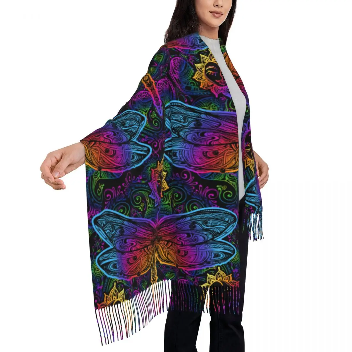 Personalized Printed 1472182202-Paisley And Dragonfly Long Pile Fringe Men Scarf Women'S Anti Chill Scarf