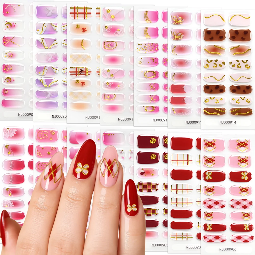 16Tips Gradient Semi Cured Gel Nail Strips Blush Flower Design Full Wrap Nail Decals French Gold Lines Gel Nail Polish Sticker