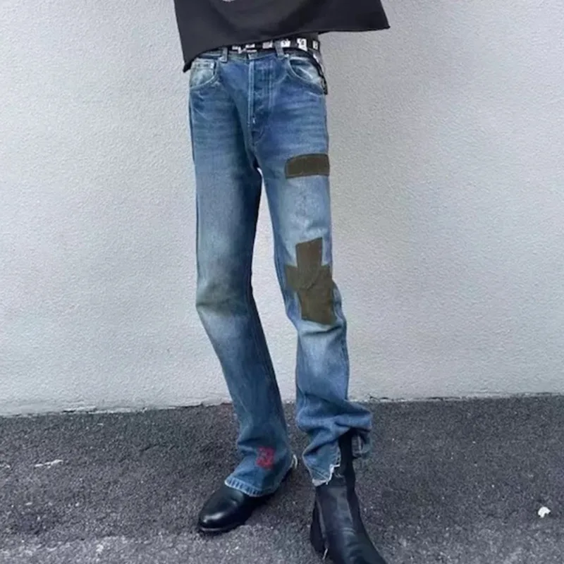 HKSH 春秋オリジナルデザインコーデュロイパッチワーク刺繍ファッションデニムパンツユニセックスウォッシュヴィンテージブーツカットジーンズ HK7930