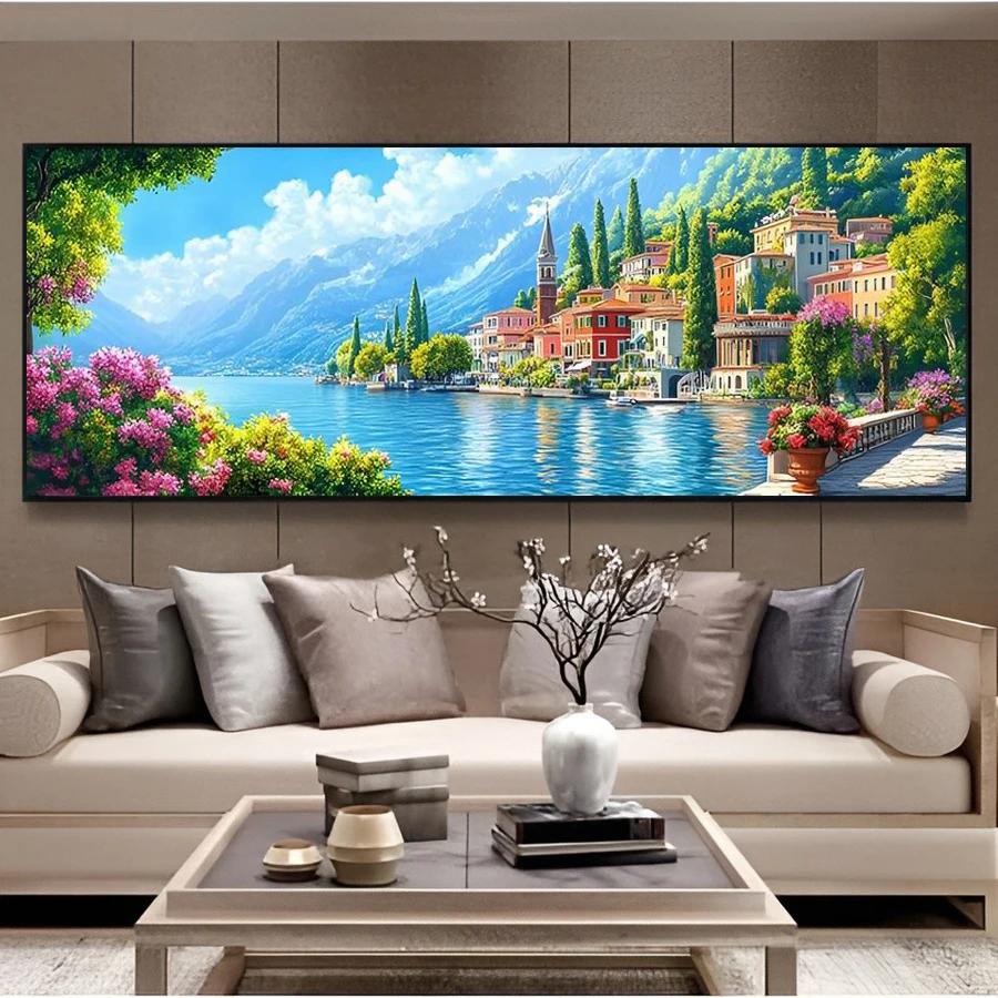 

Sea Town House Scenery Extra Large Size Diy Diamond Art Painting New Collection Landscape Full Drill Mosaic Embroidery Picture
