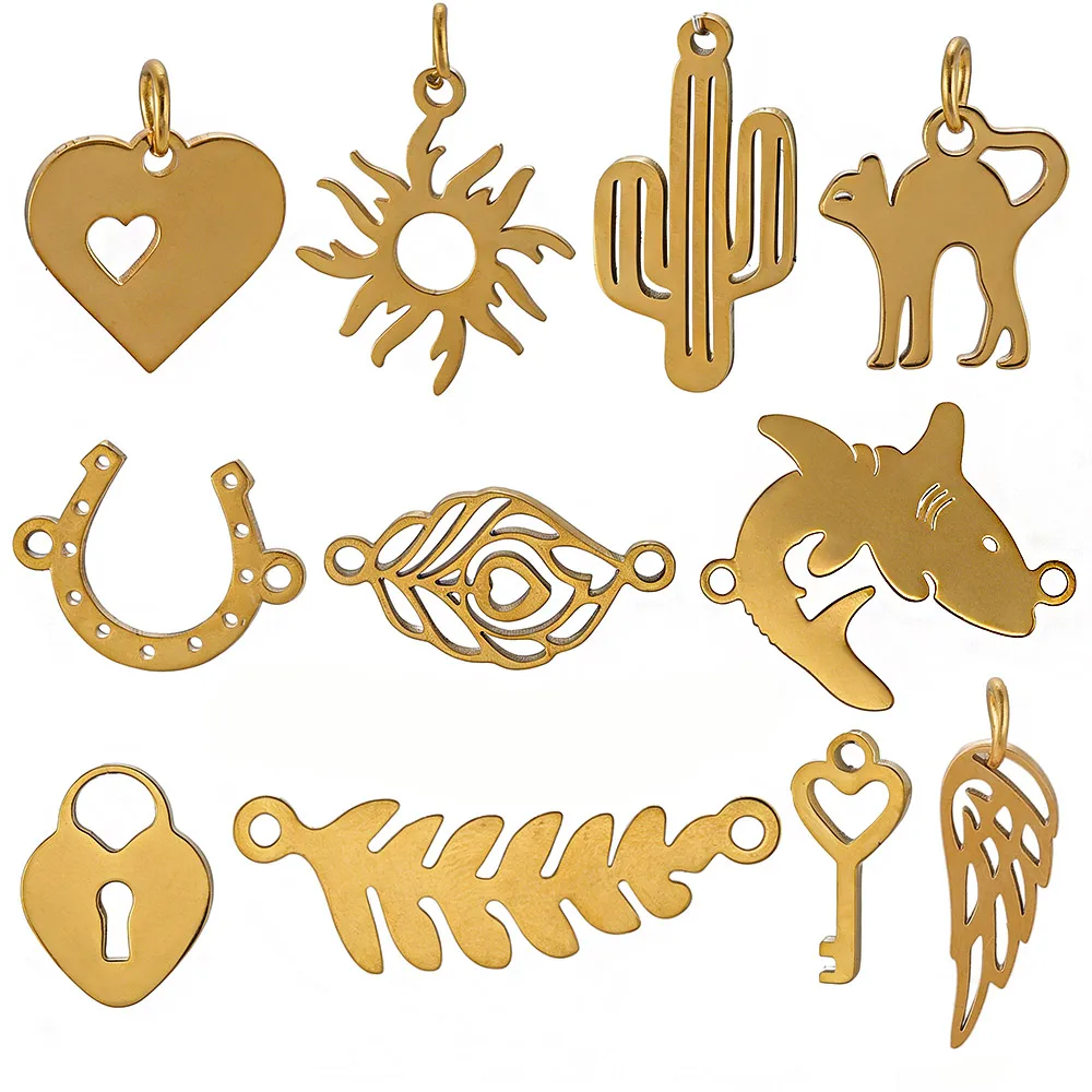 

5pcs Shark leaves Heart Sun Amulets Stainless Steel Charms Jewelry Making Gold Plated Tassels Earrings Bracelets DIY Accessories