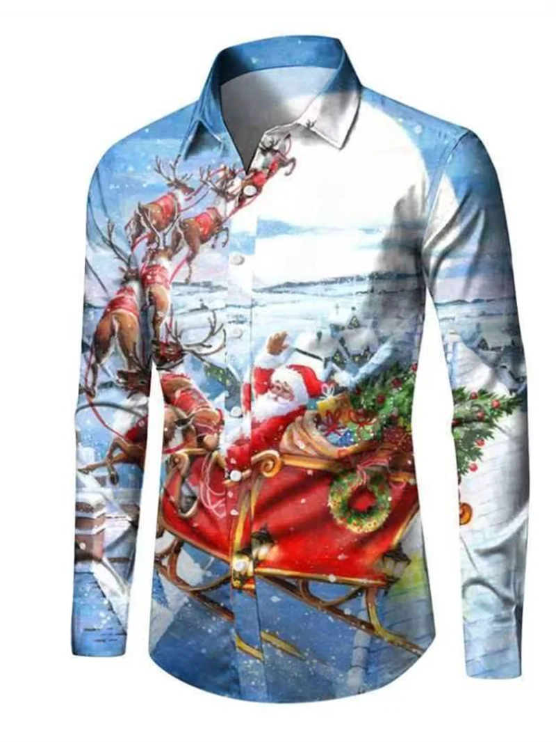 Hawaii Christmas Theme Santa Claus Tree Shirt Men\'s Casual Retro Top 3D Printed Long Sleeve Clothing Festival