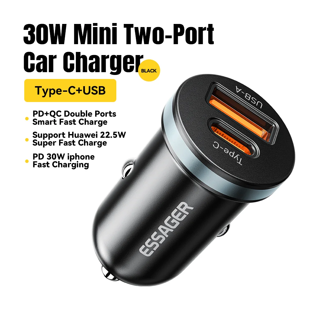 Essager 30W USB C autolader Type C snellader PD QC 3.0 SCP 5A snel opladen autotelefoon opladen voor iPhone Xiaomi Samsung