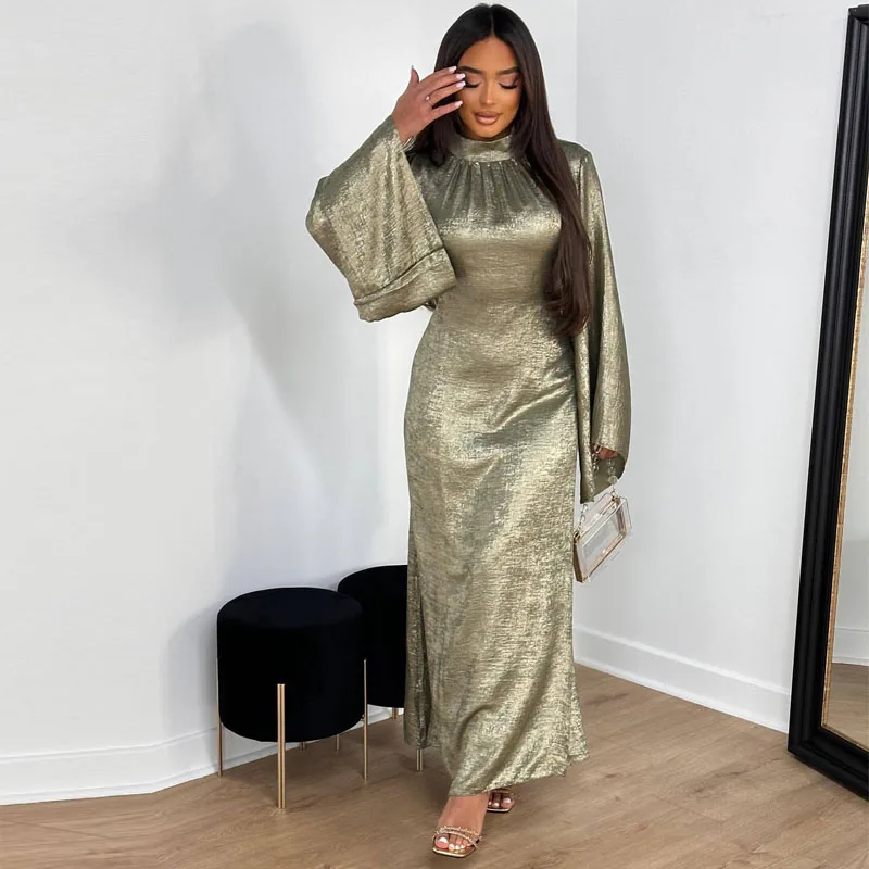 Belted Dress Shiny Satin Abaya Pagoda Sleeve Satin Dubai Islam Muslim Kaftan Dresses Kebaya Abayas Women Robe Musulmane Vestidos