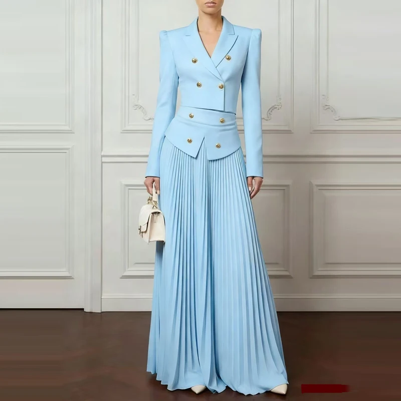 

Fashion Waist Long Skirt Outfits Elegant Lapel Button Blazer Coat & Pleated Skirts Suits Women Casual Long Sleeve Solid 2Pc Set