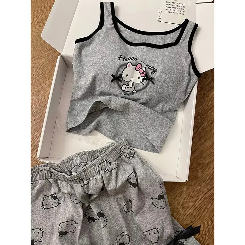 Sanrio Casual Comfortable Set With Chest Mat Ins Style Summer Kawaii Pajama Cute Girl Hello Kitty Tank Top Shorts Home Clothing