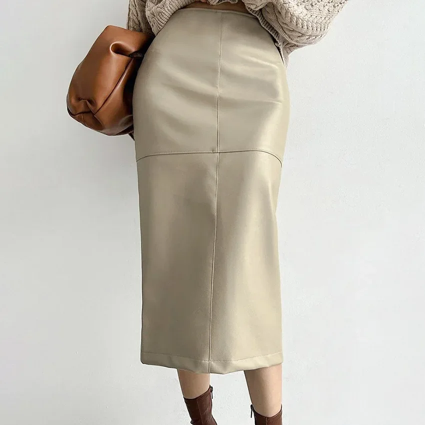 

Khaki PU Hip-wrapped Leather Skirt Women's Autumn And Winter Velvet Medium And Long Hip-wrapped Skirt High-end Women's Clothing