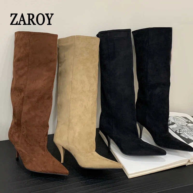 ZAROY Knee High Women Boots Winter Warm Snow Boots Sexy Thin High Heel Point Toe Suede Long Boots Brand Designer Banquet Booties image 6