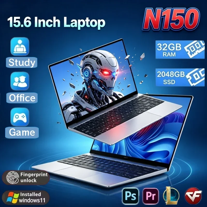 Intel N150 Quad‑Core 15.6" Laptop Win 11 32GB RAM 2TB SSD Fingerprint Unlock Large Storage Slim Home Study Notebook