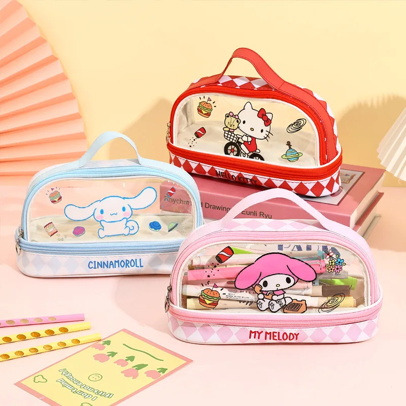 

Sanrio Cartoon Double Layer Pencil Case Large Clear School Supply Organizer Makeup Cosmetic Bag Hand-Held Storage for Girls