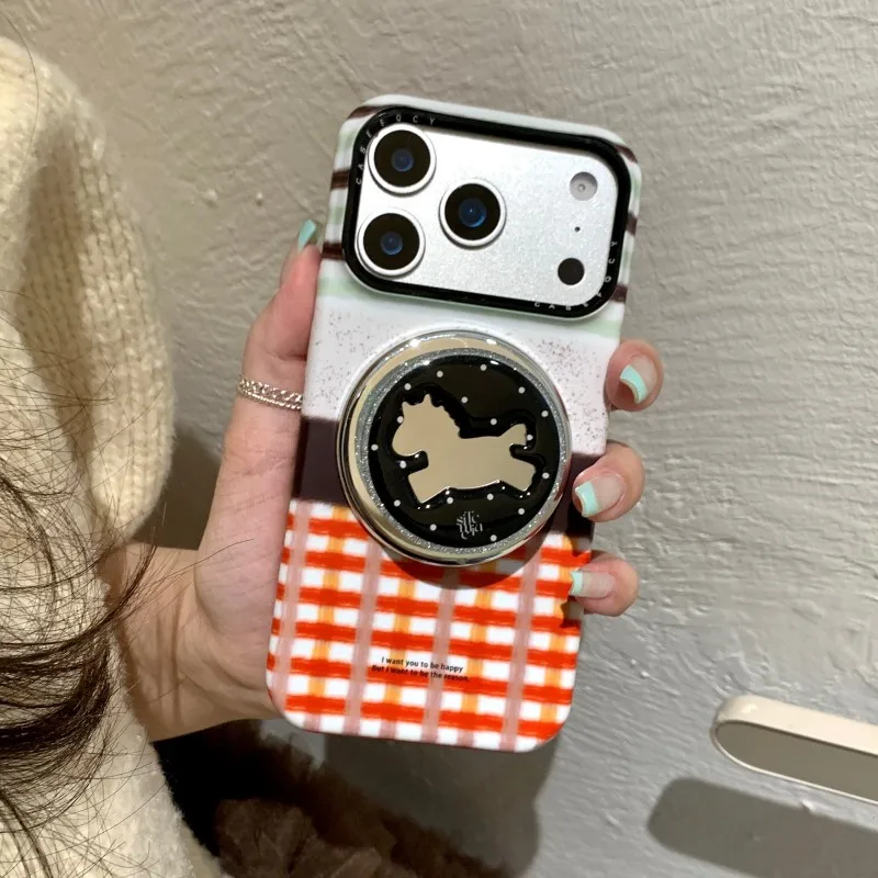 

Fashion Ink-splashed Grid Pattern Magnetic Phone Case For iPhone 17 Pro 16 15 14 Pro Max Back Cover with Stand Cute Hard Cases C