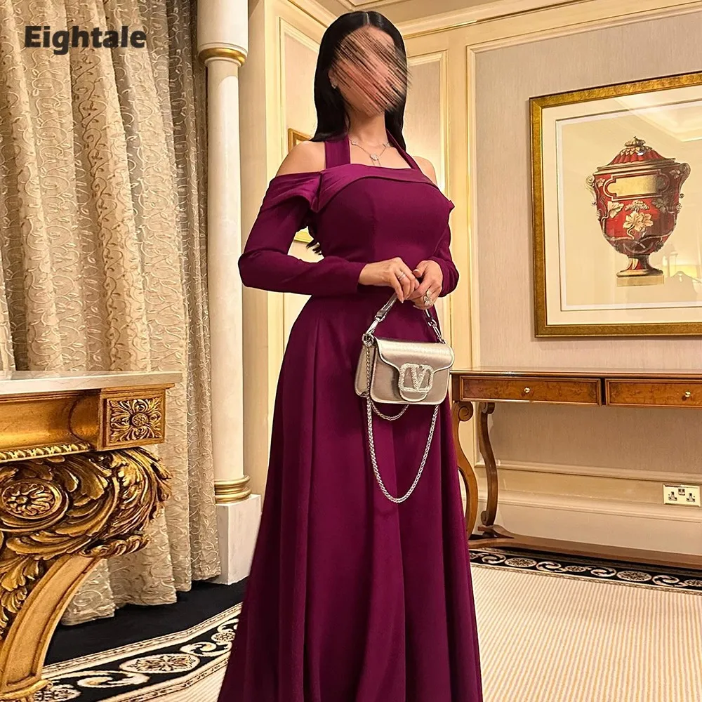 

Eightale Abric Evening Dress Halter A-Line Floor Length Customized Long Sleeves Prom Wedding Party Dresses Robes De Soirée