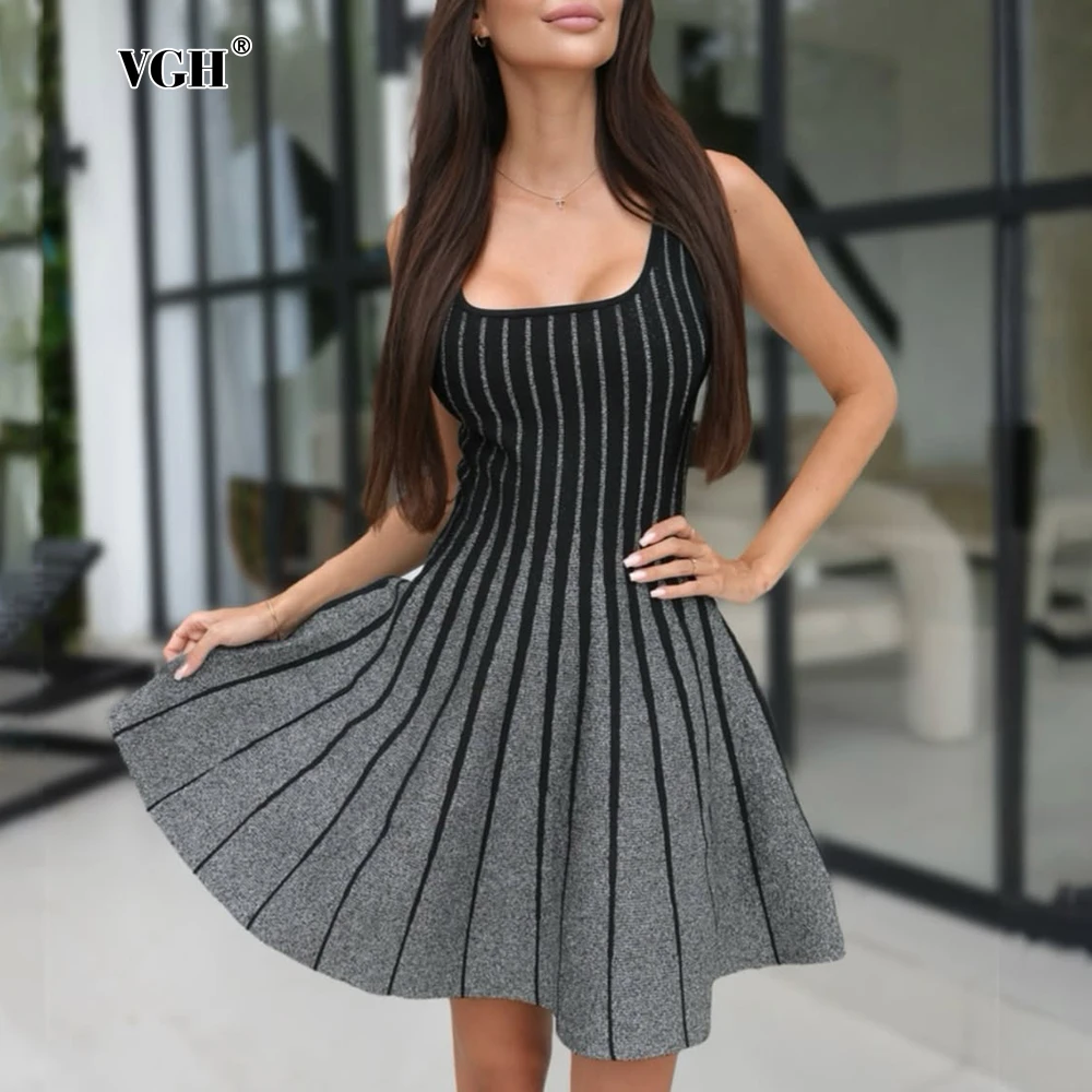 

VGH Elegant Hit Color Slimming Mini Dresses For Women Square Collar Sleeveless Backless High Waist Chic Dress Female Fashion New