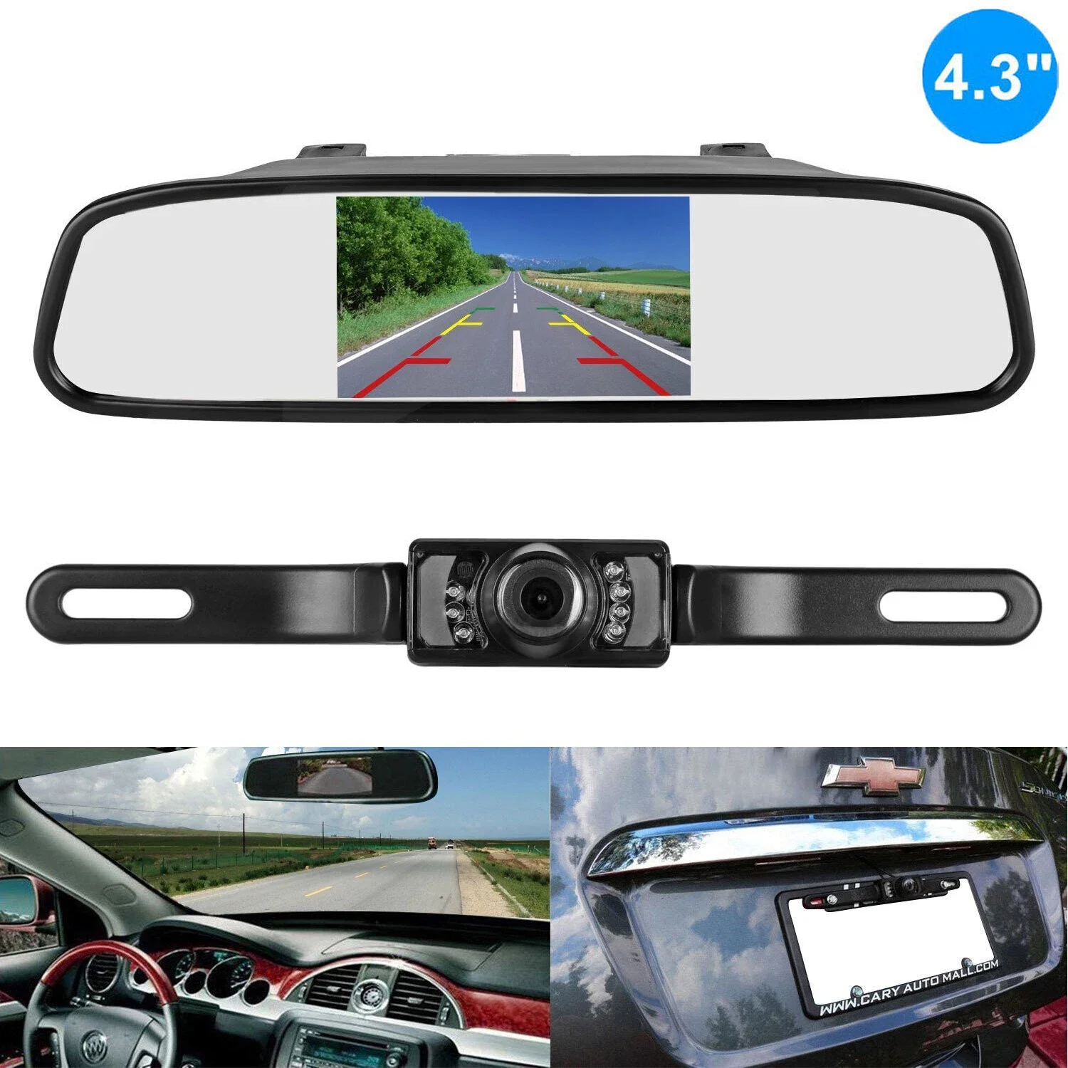 Car Rear View Monitor Camera Kit TFT LCD Car Monitor, 4.3 Inch Screen Night Vision Reverse Backup Parking Assistance