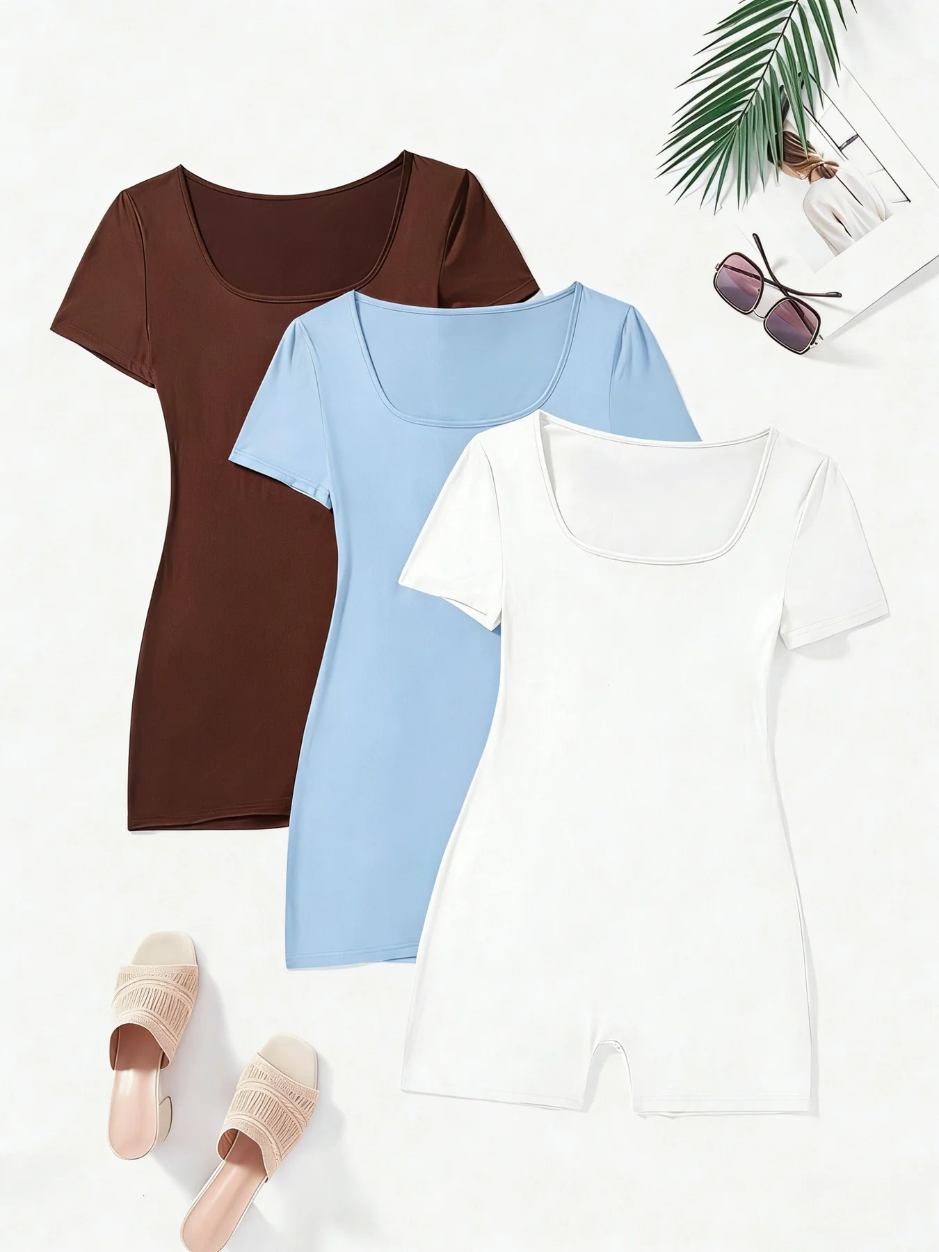 

2026 Elegant Casual Solid Color Comfortable Square Neck Short Sleeve Shorts Thin jumpsuit Three Piece Set Three Color