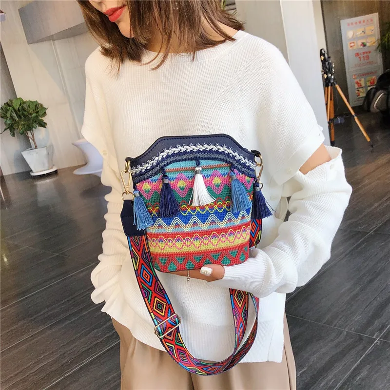 Boho Women\'s Bag  Vintage Tassel Ethnic Handwoven Crossbody Bucket Bag Hippie Sling Shoulder Bags Ladies Handbag сумка женская