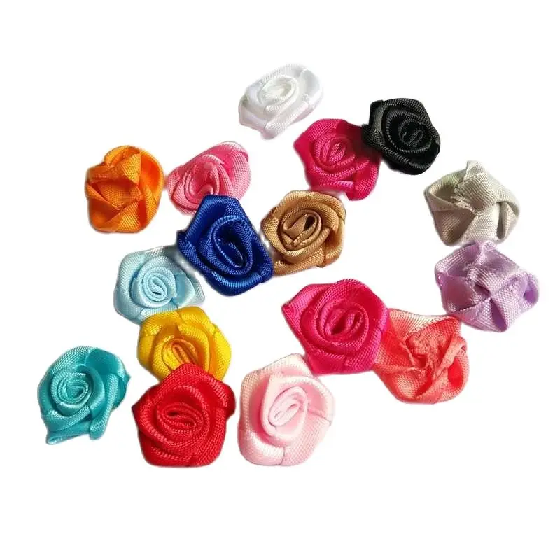 50pcs 20mm Mini Handmade Satin Rose Ribbon Rosettes Fabric Flower Bow Appliques For Wedding Decoration Craft Sewing Accessories