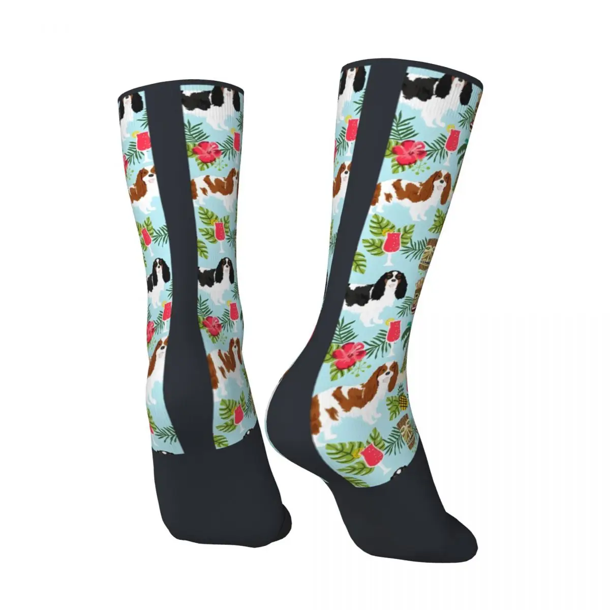 Spaniel Dog Breed Tiki Hawaii Tropical Island Vacation Dog Pattern Men's graphic Socks Unisex Tiki Harajuku Seamless Crew Sock