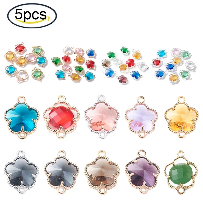 5PCS 15.5x12x5mm Alloy Glass Links Connectors Flower Light Gold Clear Hole: 1.4mm For Jewelry Bracelet Earrings Making