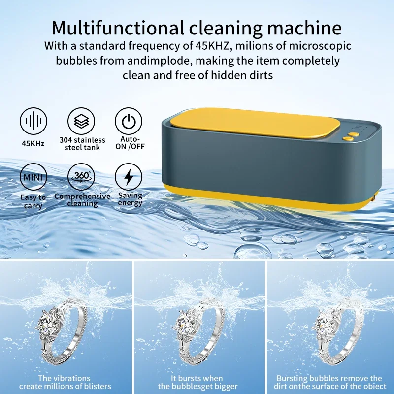 Multi-Purpose Ultrasonic Cleaner Auto Timer Jewelry Watches Glasses Dental Cleaner USB-Rechargeable Compact Design