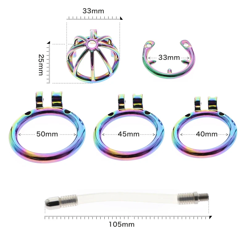 Rainbow/Silver Stainless Steel Chastity Cage–Cock Cage with Urethral Catheter, Stealth Lock Cock Ring, Chastity Device for Men view 2