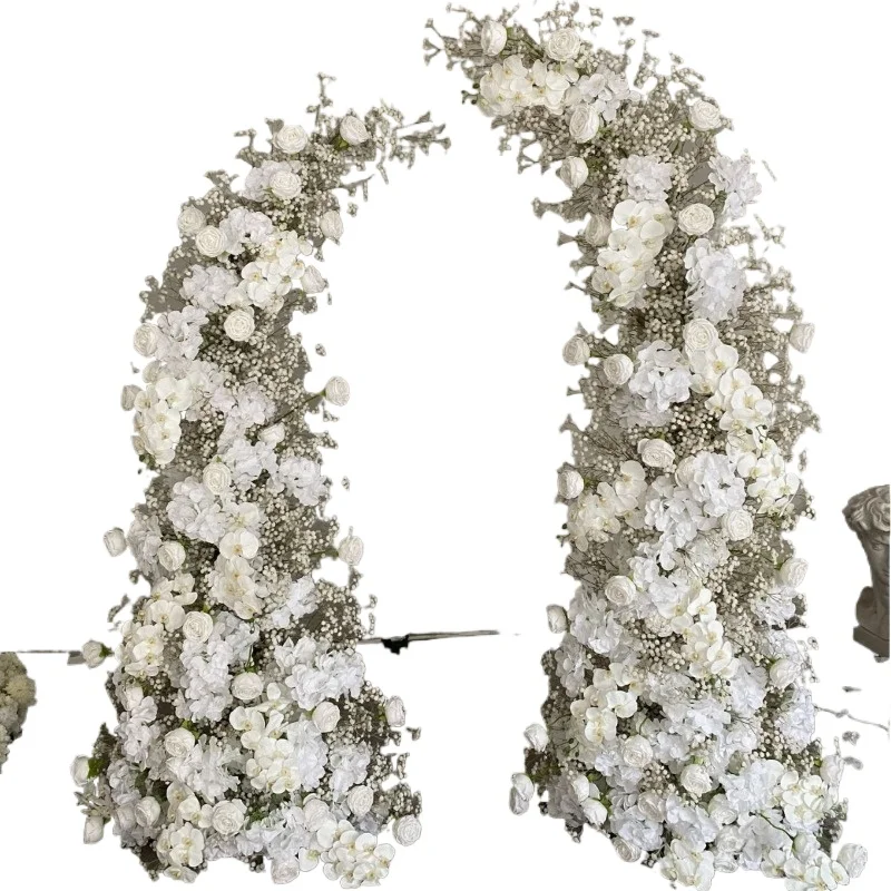 White artificial flower arched background wall with high-quality floral arrangement, suitable for wedding proposals