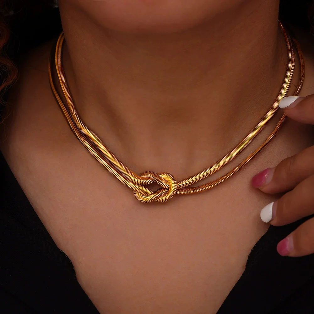 Personality Punk Hip‑Hop Jewelry, Knotted‑Design Double‑Layer Snake Chain Titanium Steel Necklace & Bracelet Set, Light‑Luxury F