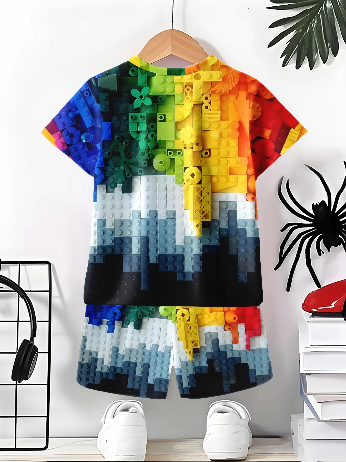 2026 Kinderkleidung 3D Bunte Bausteine Sommer-Oberteile Kinder-Sets Kurzarm Kinder-Trainingsanzüge Modische Jungenkleidung – Detail 10