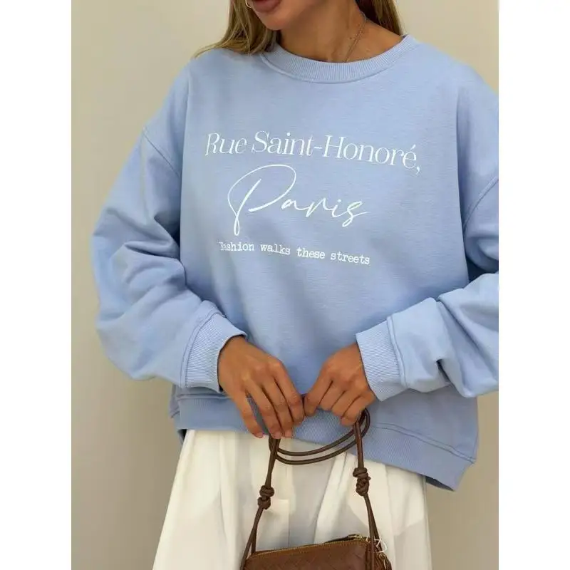 French Fashionable Letter Printing Elegant Sweatshirt Women Long Sleeve Crewneck Simple Design Loose Casual Hoodies Pullover New