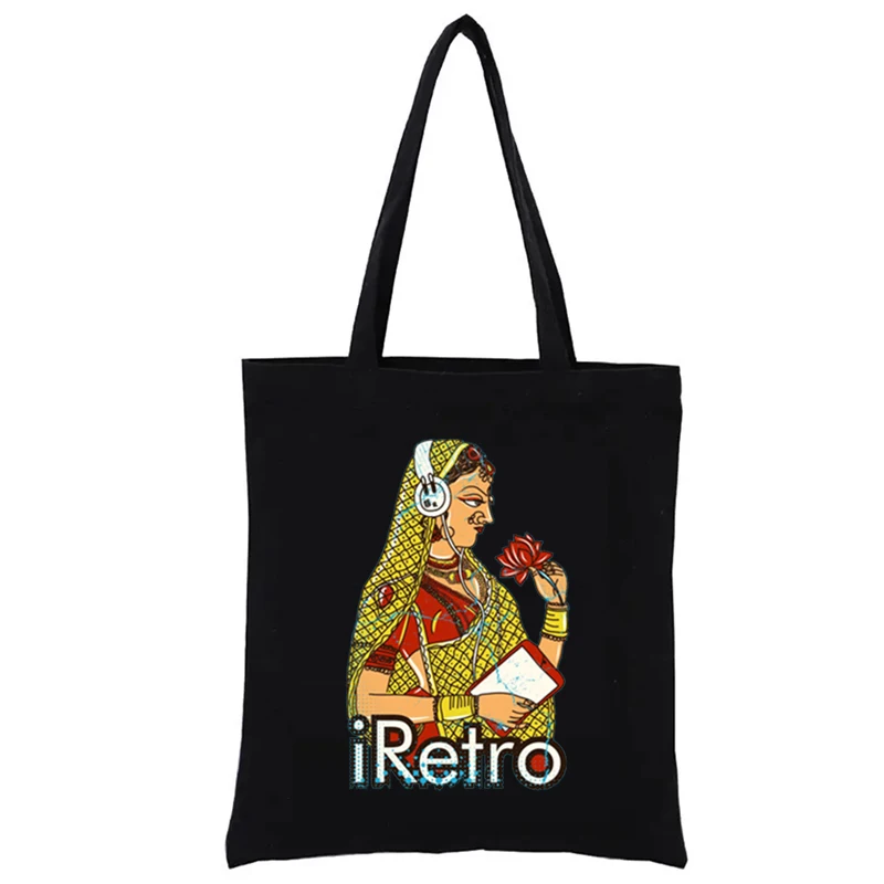 Retro Indian Woman Totebag Bags Foldable Pocket Shopping Bag S Shopper Women's Handbag Woven Tote Handbags Casual Totes Fashion