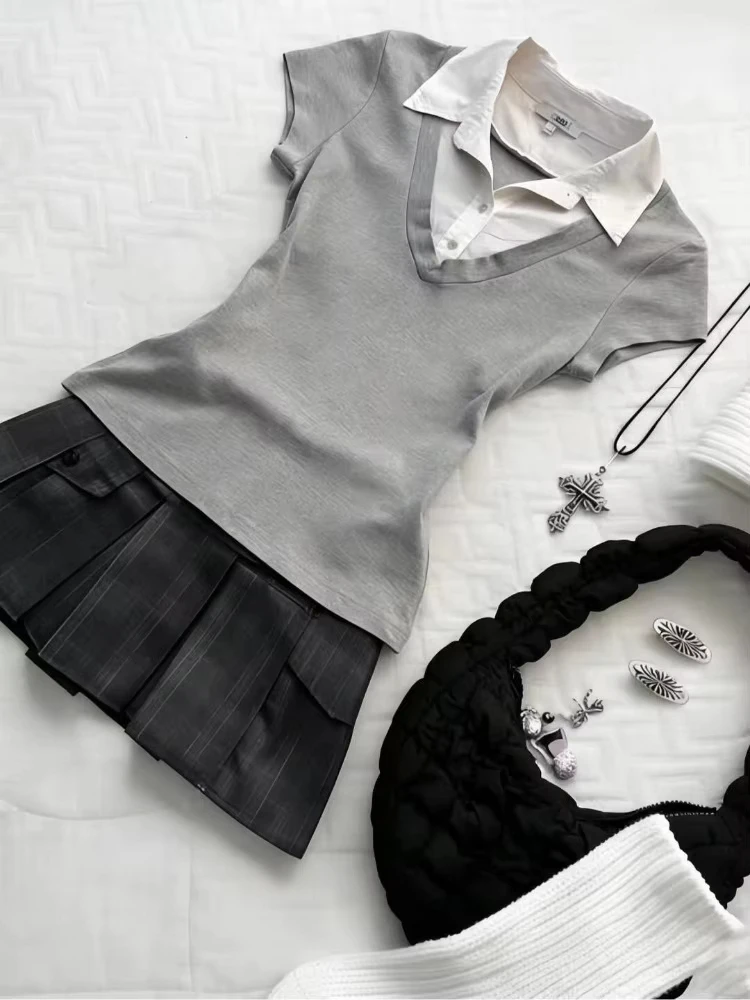 Women Fake Two‑Piece Polo V Neck T‑Shirt Contrast Collar Short Cap Sleeve Slim Fit Stretchy Knit Preppy Casual Ladies Tops
