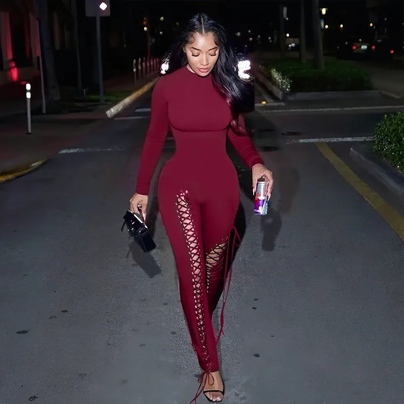 

DSMTRC Wine Red Hollow Out Bandage Catsuit Jumpsuit Woman Autumn Solid Color Sexy Long Sleeve Combinaison Femme One Piece Romper