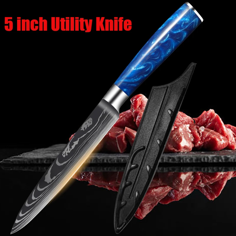 5 Inch Utility Knife Kitchen Knives Set Exquisite Blue Resin Handle Laser Damascus Pattern Chef Knife Cleaver Slicing Knives 