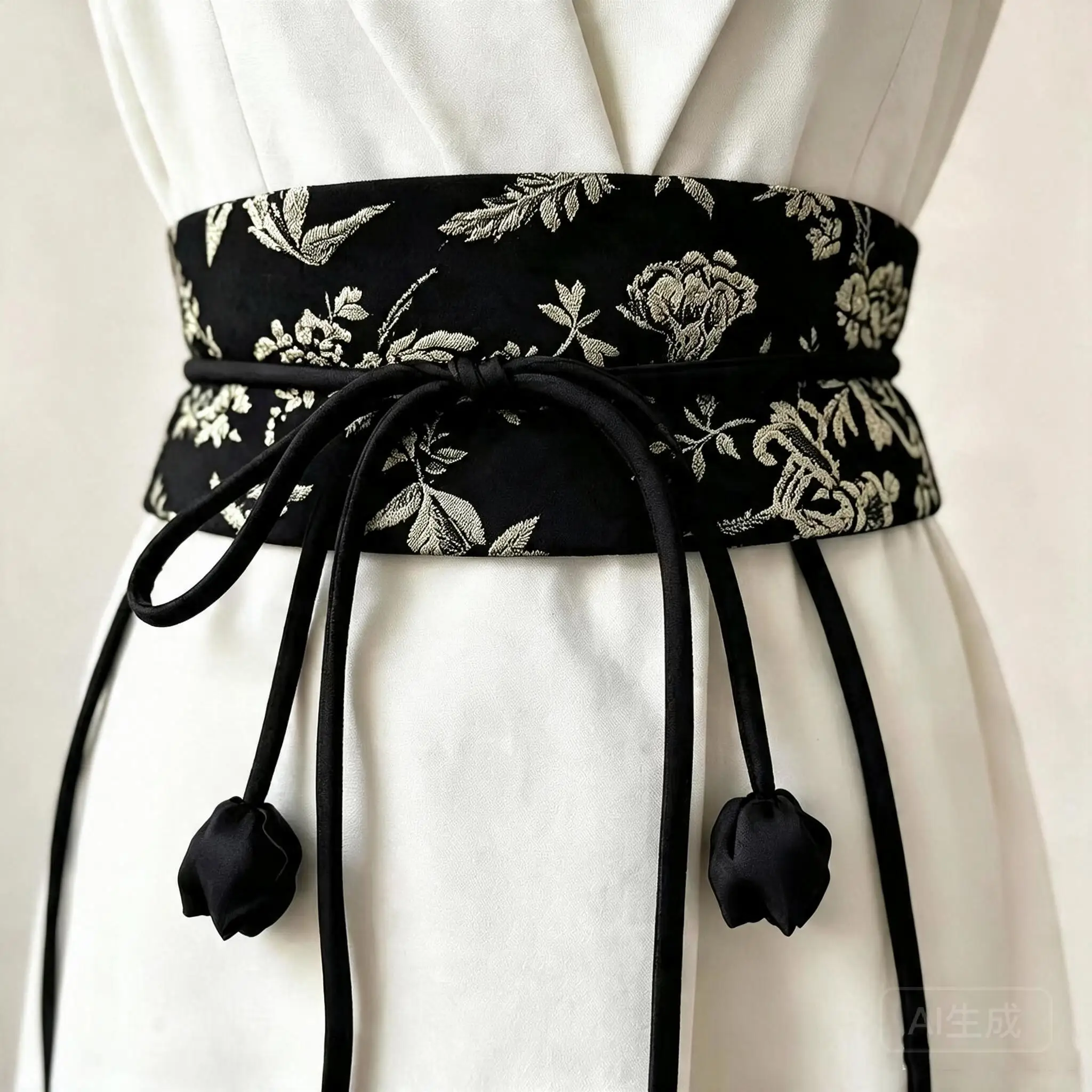 New Chinese Style Floral Jacquard Fabric Obi Belt For Women Self Tie Cincher With Flower Buds For Hanfu Dresses Coats Suits Chic