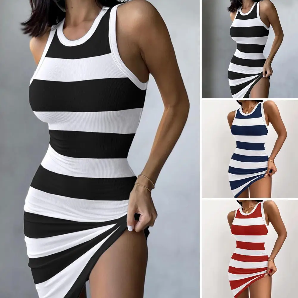 Gaun rompi wanita motif garis, Gaun wanita motif garis, baju Mini wanita leher O, baju Sundress Bodycon dengan pas badan A-line