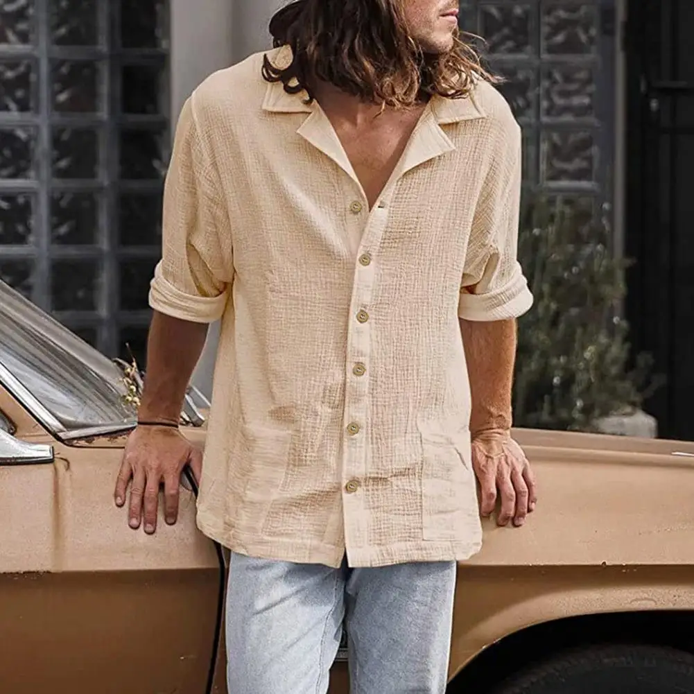 

Men Casual Cotton Linen Shirts Lapel Long Sleeve Single Breasted Loose Tops Spring Autumn Pure Color Handsome Men's Shirts