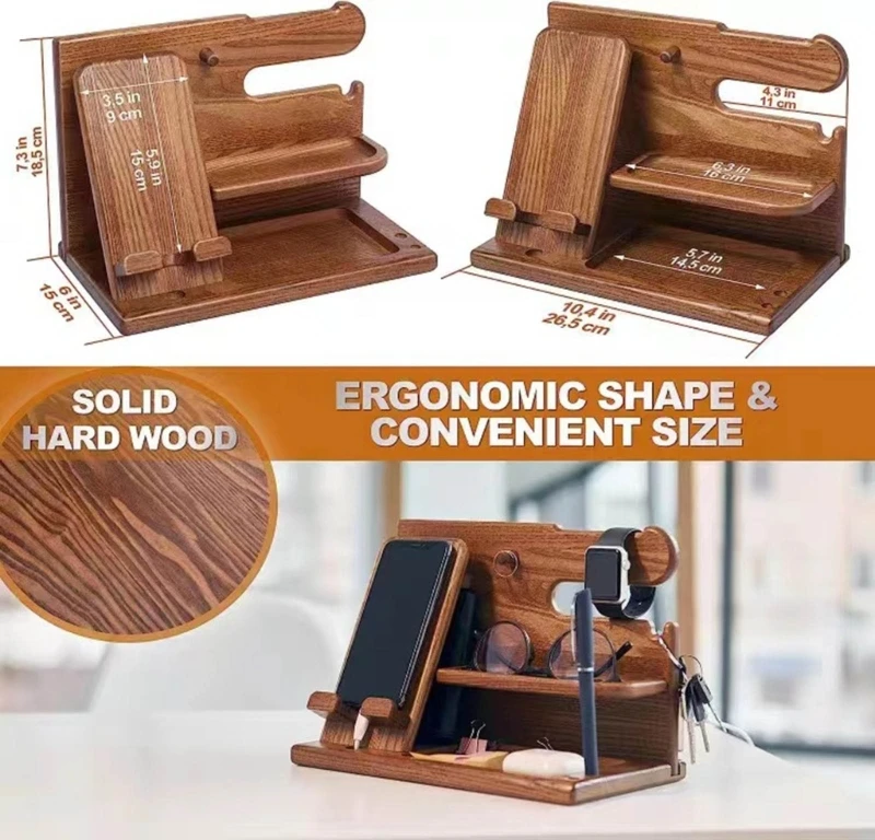 Wooden Bedside  Wood Phone Docking Station  Holder Wallet Stand Watch Storage Rack Valentines Multifunctional