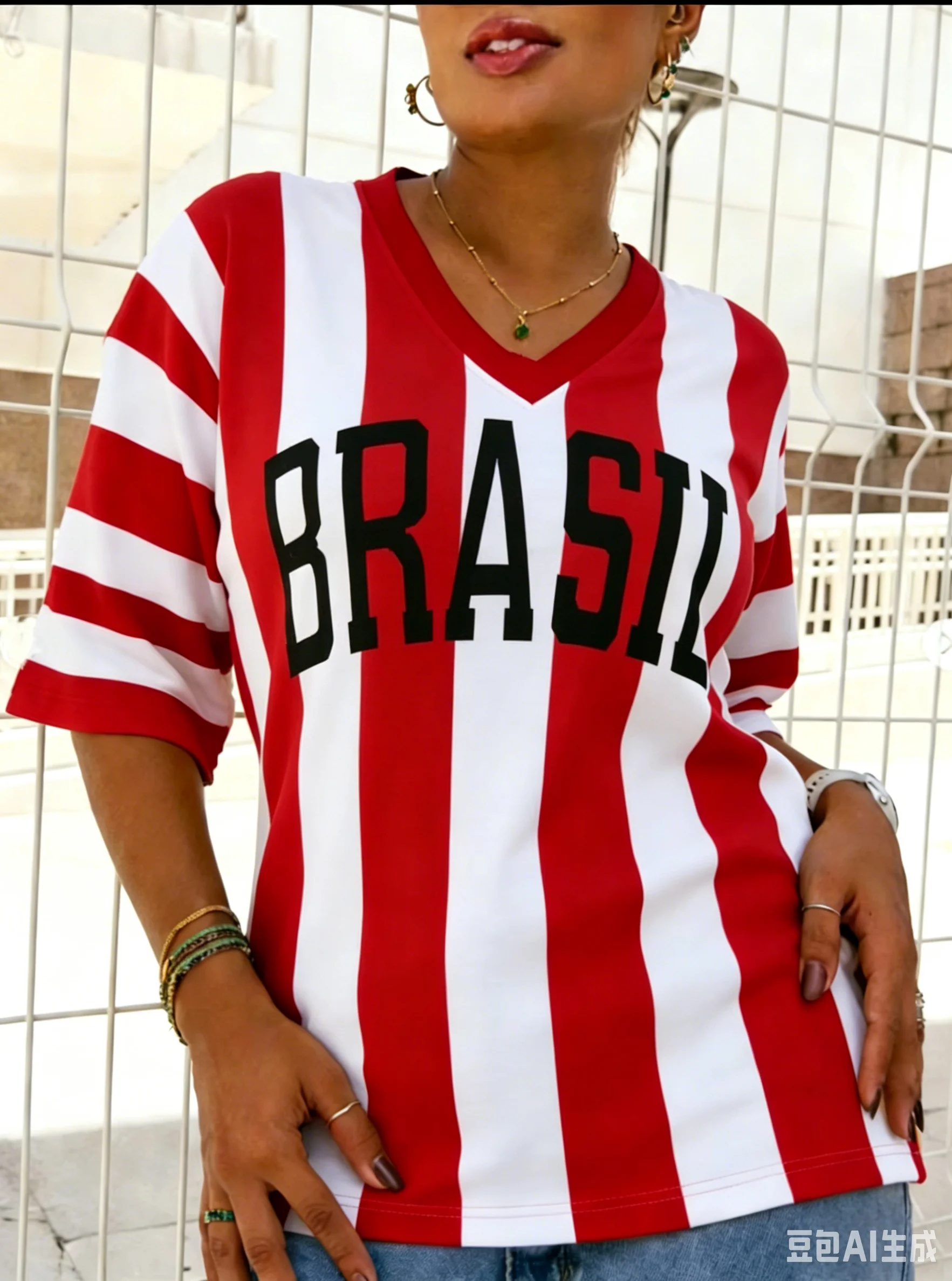 Summer New Vintage Brazil Style Print Women V-Neck T Shirt Patchwork Short Sleeve Sports Tees Football Jersey Y2K Beach T-shirt