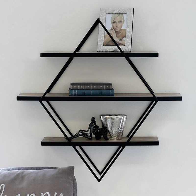 #@Creative Diamond-shaped Wall-mounted Decorative Frame Background Wall Shelf Ironware Wall-mounted Shelf Storage Rack