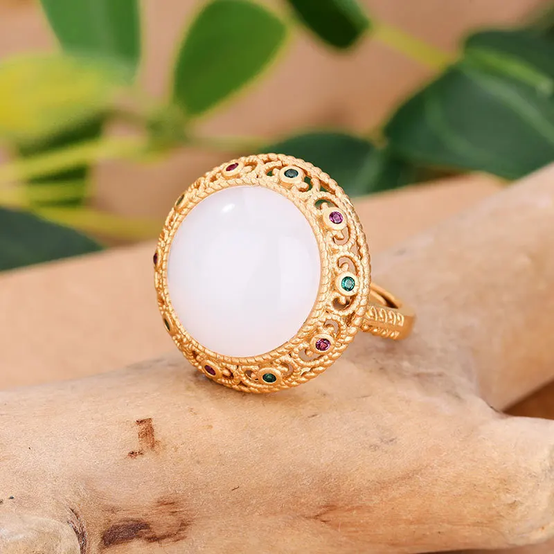 Ancient gold craft inlaid natural Hetian white jade opening round crystal openwork New in rings for women classic jewelry