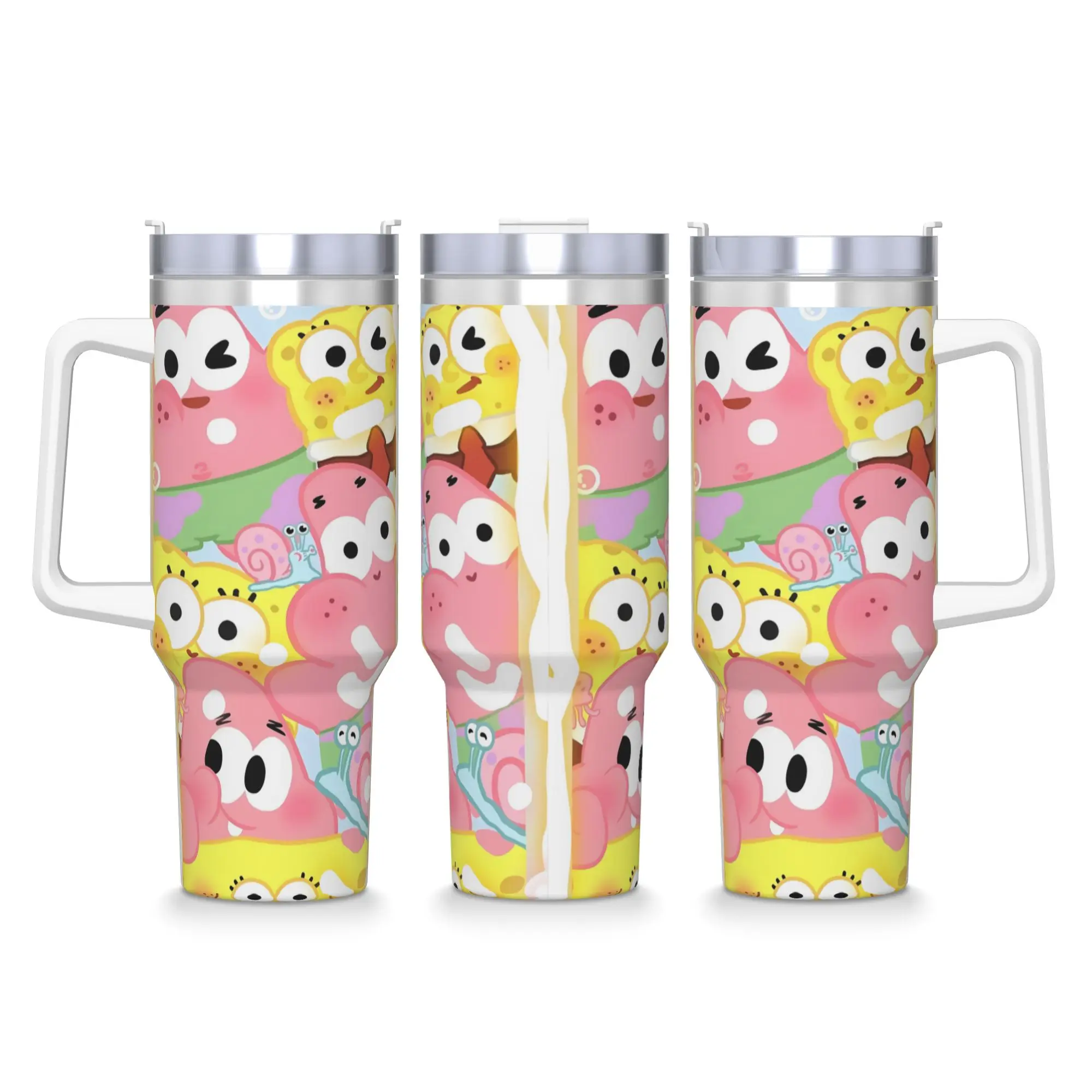 SpongeBobs Pink Patrick Collage Tile Stainless Steel Tumbler  Travel Thermal Mug With Straws and Lid Large Mugs Cup Water Bottle