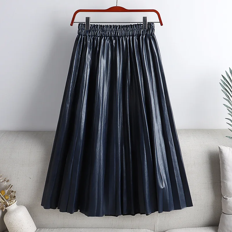 Autumn Winter Faux PU Leather Pleated Skirts Solid High Waist All-match Elegant Umbrella Midi Skirt Streetwear Chic Skirts