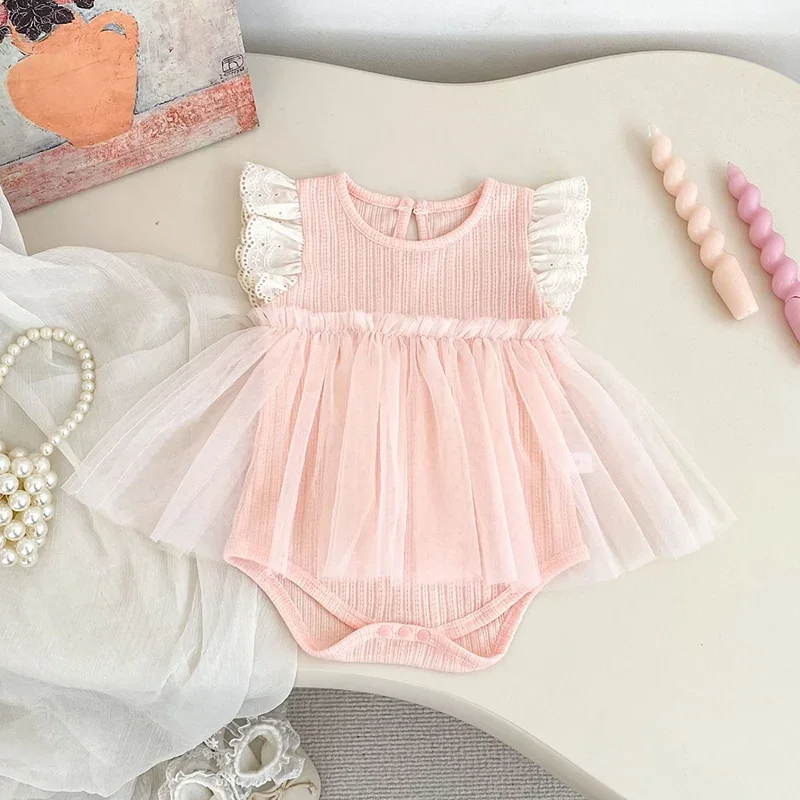 2026 New Summer Newborn Baby Girl Romper Sleeveless Cotton Mesh Splicing Toddler Baby Girls Jumpsuit 0-24M Children Clothes