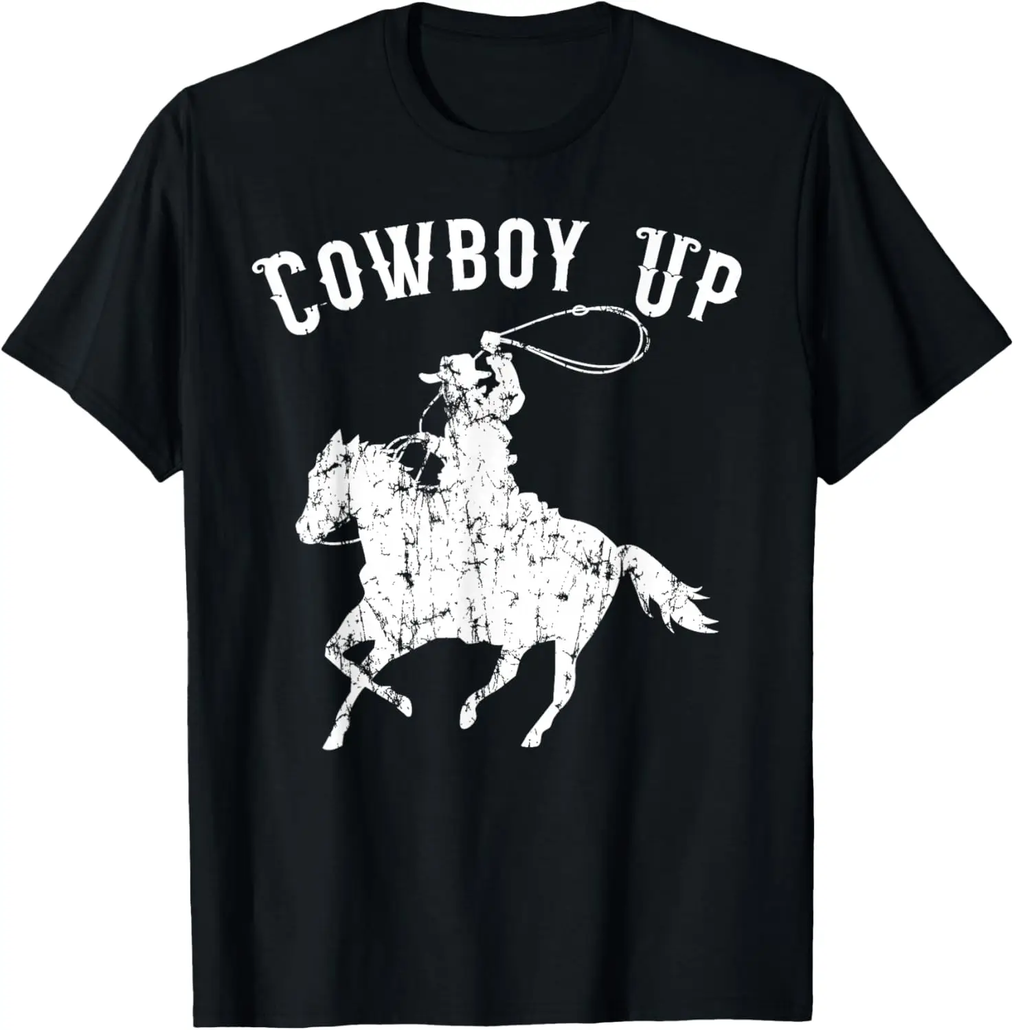 

Cowboy Up Distressed Graphic Tee Funny Rodeo Rider Western Style Short Sleeve T-Shirt Unisex