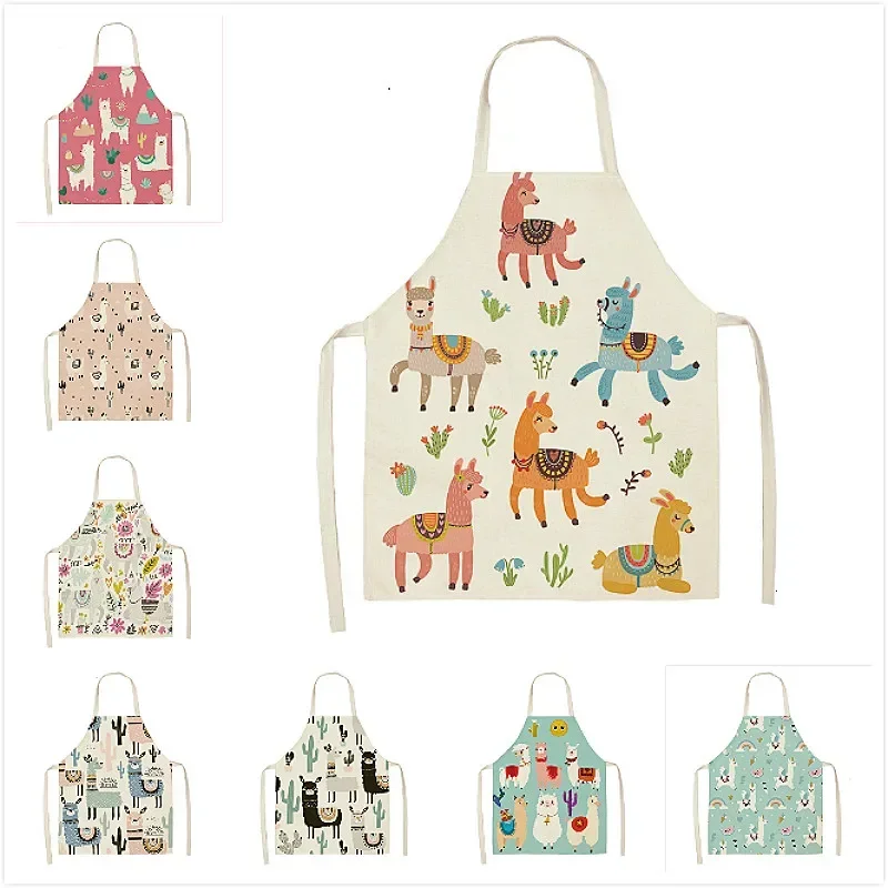 Alpaca Llama Cactus Printed Cotton Linen Sleeveless Aprons Kitchen Women Pinafore Home Cooking Baking Waist Bib 2 Size Delantal