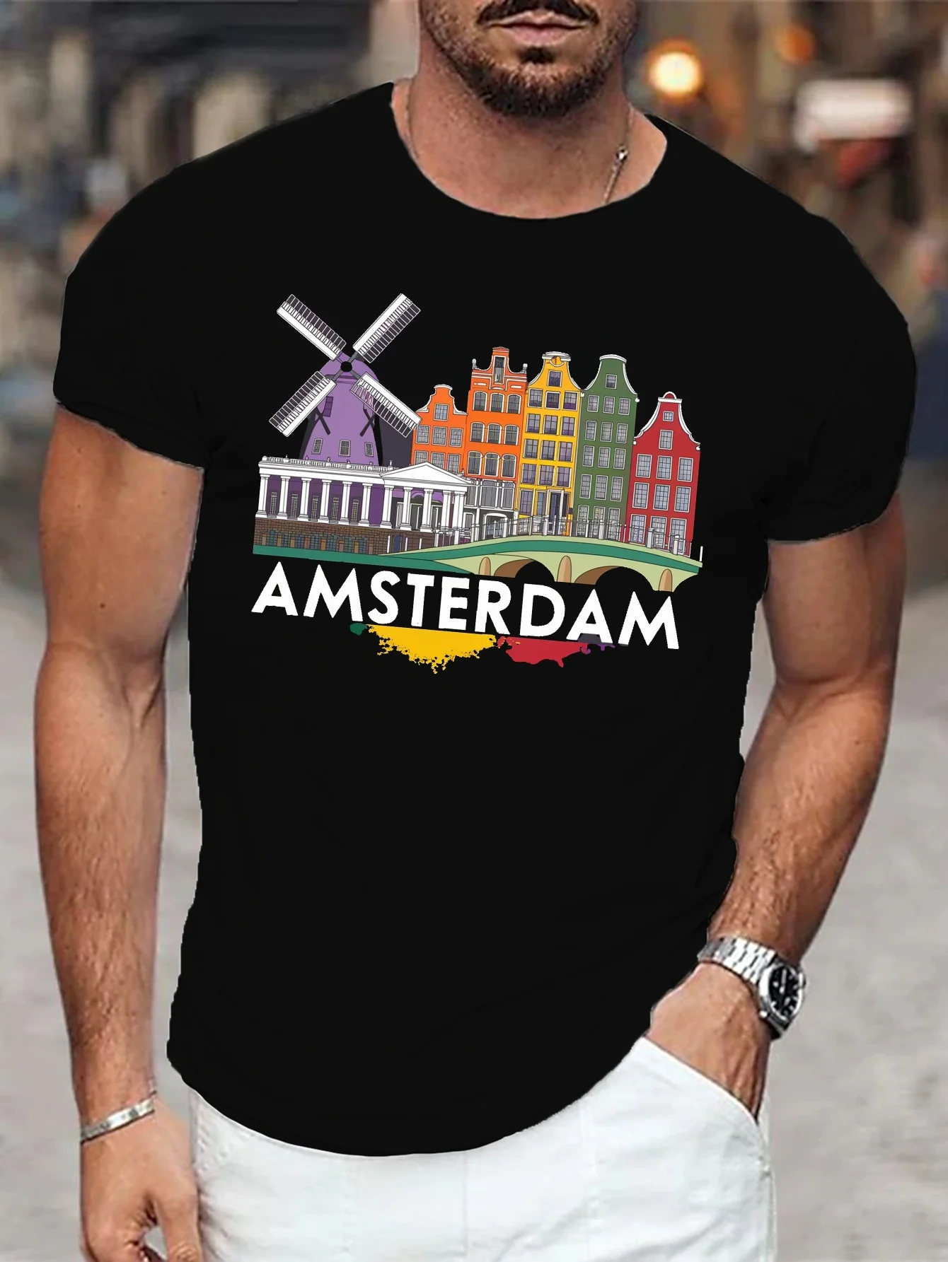 Amsterdam Windmills Skyline Graphic Men's T-Shirt - Casual Short Sleeve, Breathable Fiber, Machine Washable - Perfect Summer Fashion