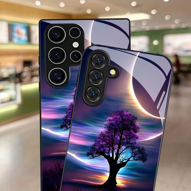 Fantasy Purple Tree Pattern Glass Phone Case Suitable for Samsung Galaxy S26 S25 S24 S22 S21 S20 FE/Ultra/Plus Hard Case