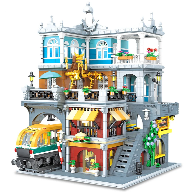 

MOC Modern Train Burger Shop Building Blocks 89128 Food Store House With Light Architecture DIY Toys For Children Birthday Gifts