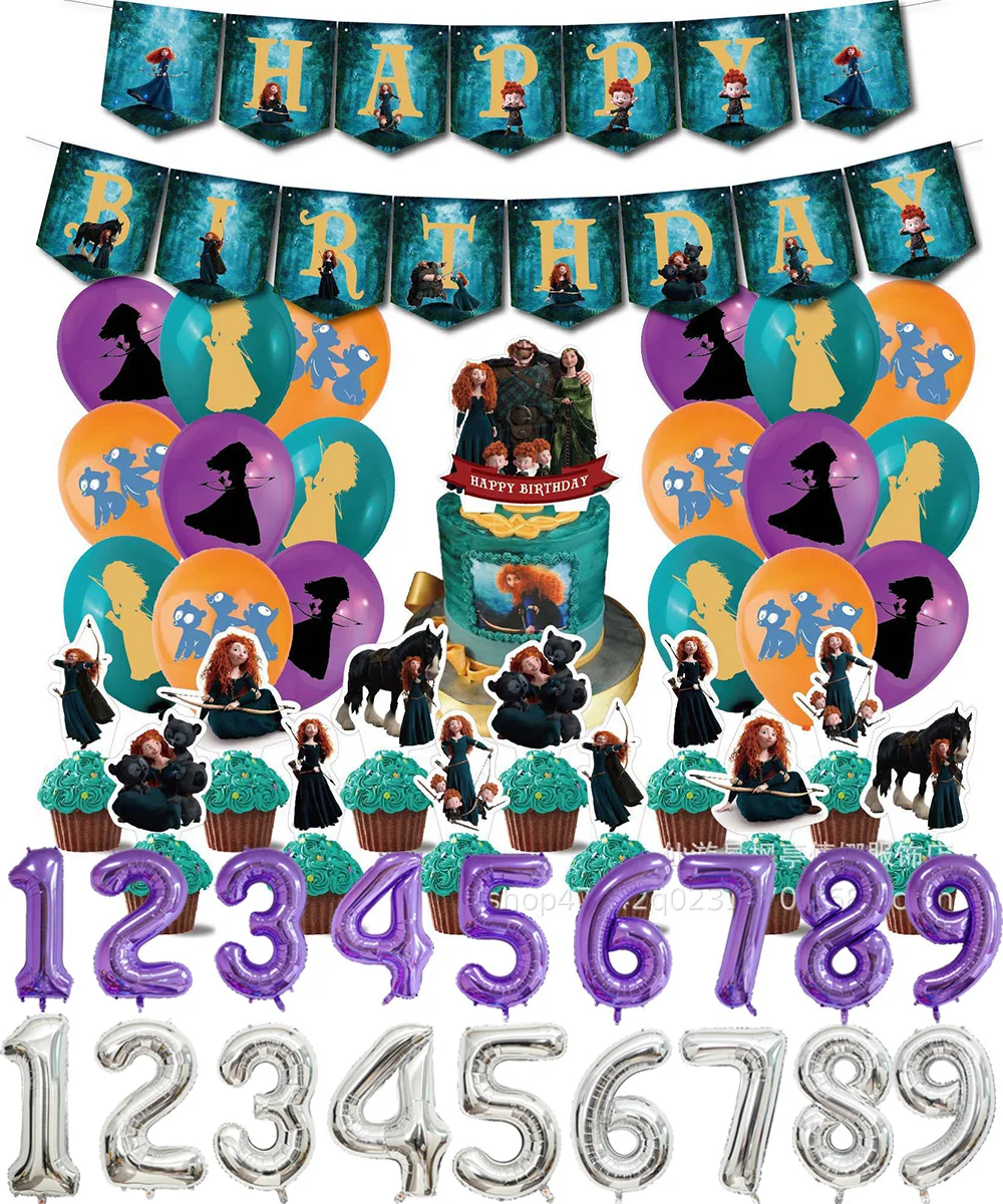 

Disney Brave Merida Birthday Party Decoration Number Balloon Princess Merida Backdrop Cake Topper Baby Shower Party Supplies